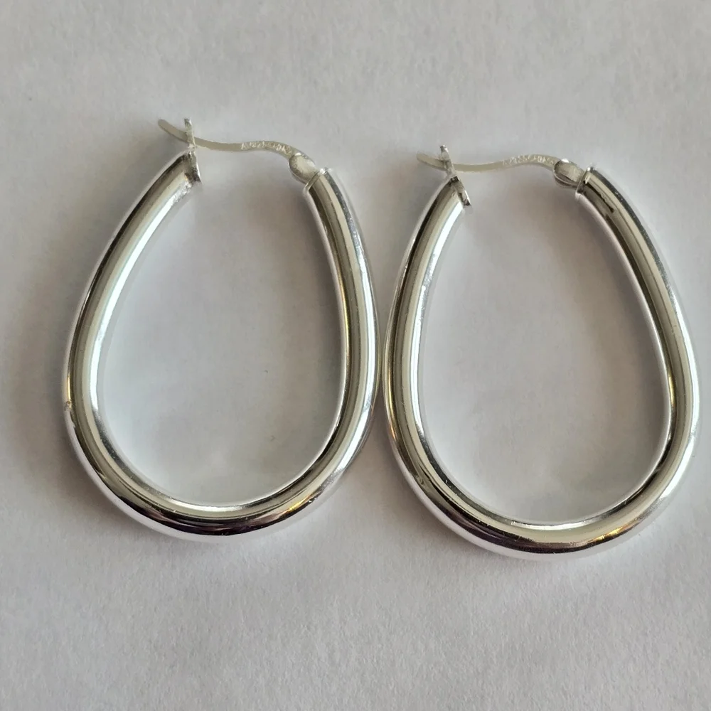 Sterling Silver hoop earrings 925 long elongated tube elegant classic - Picture 10 of 10